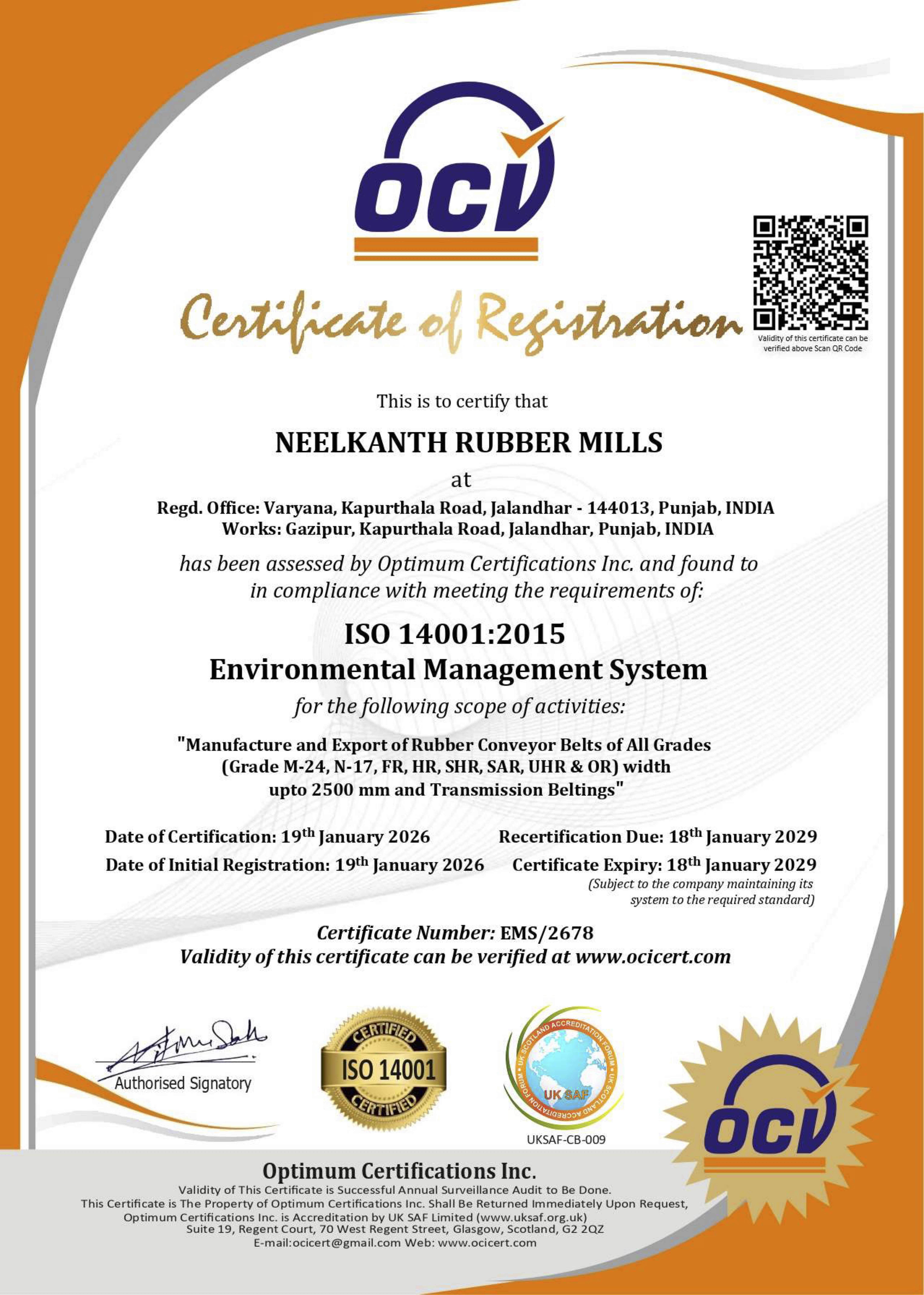 ISO 14001 Certification - Neelkanth Rubber Mills