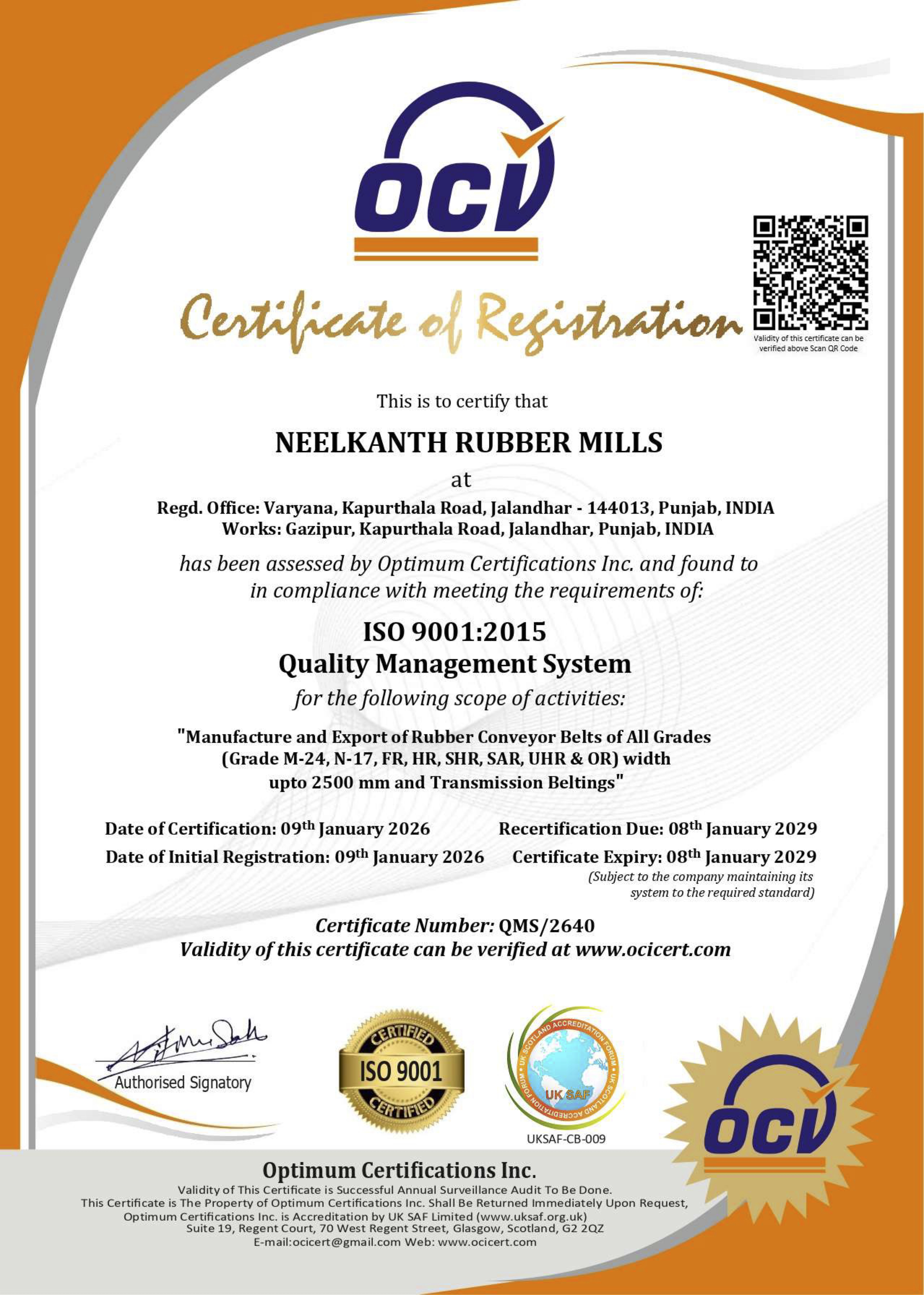 ISO 9001 Certification - Neelkanth Rubber Mills